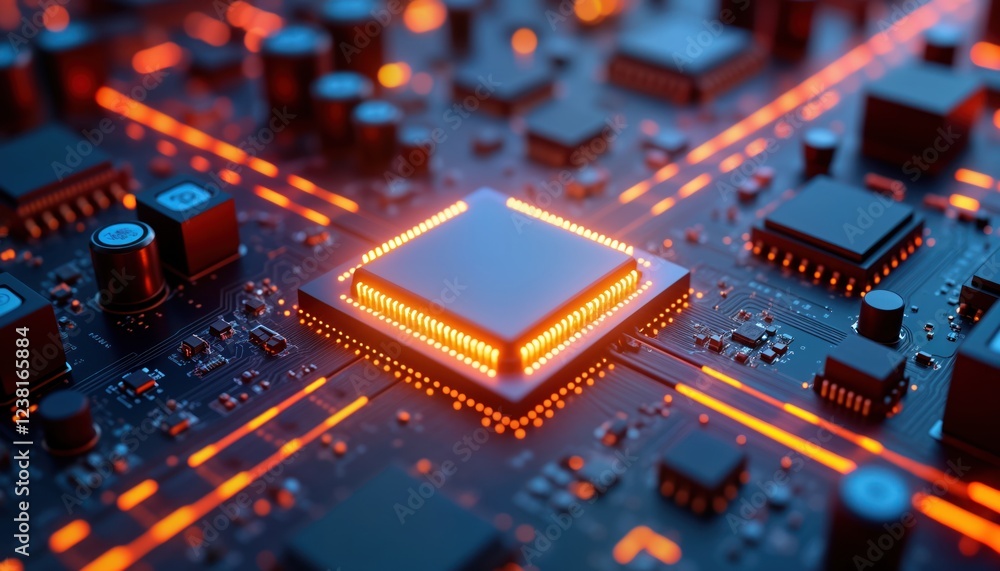 Poster close-up view of computer chip glowing orange, blue. complex integrated circuit board with many elec