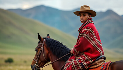 Teenage African youth rides horse in Lesotho. Traditional Basotho blanket attire. Majestic mountain background. Candid rural scene. Cultural heritage, horsemanship. Travel destination, authentic