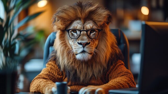 Leo with glasses in the image of a businessman sits at a table with a computer. Office, employee, business