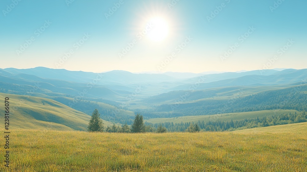 Wall mural serene landscape of rolling green hills under bright blue sky with sunlit horizon