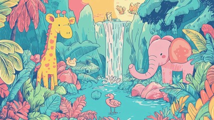 Obraz premium Vibrant Jungle Scene with Giraffe, Elephant and Waterfall Illustration