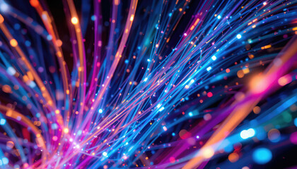 Vivid Optical Fiber and Colored Electric Cables Glowing, Technology Background.