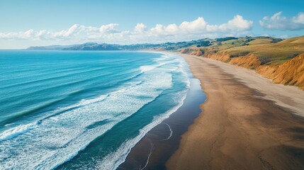 Naklejka premium Ocean coastline, view from above. Waves are running onto the shore.