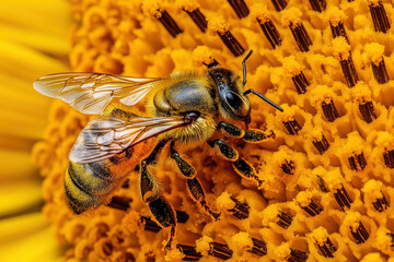 A close-up of a bee pollinating a sunflower, showcasing nature's beauty and ecosystem.
