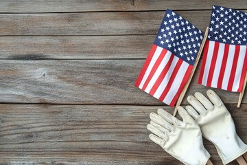 American Flag and Work Gloves on Rustic Wooden Surface