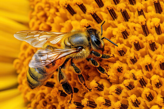 A close-up of a bee pollinating a sunflower, showcasing nature's beauty and ecosystem. - Powered by Adobe