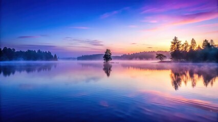 Obraz premium Softly glowing purple-blue mist rises from the surface of a serene water body at dawn, sunrise, peaceful, sunrise, peaceful,mist