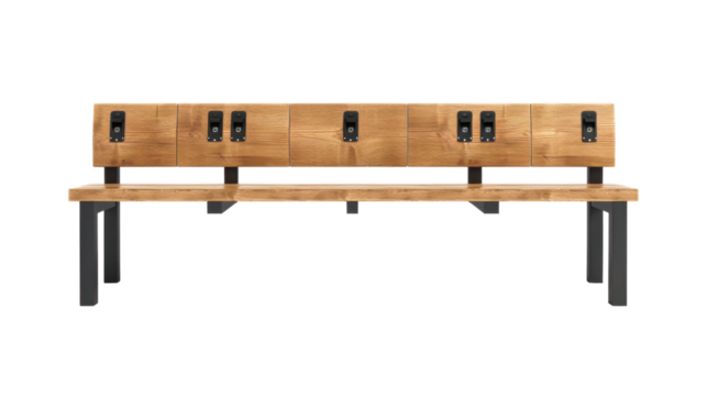 Modern wooden bench with integrated power outlets on transparent background