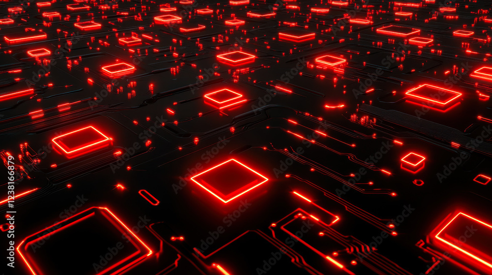 Poster visual representation of a futuristic circuit board glowing with red lights