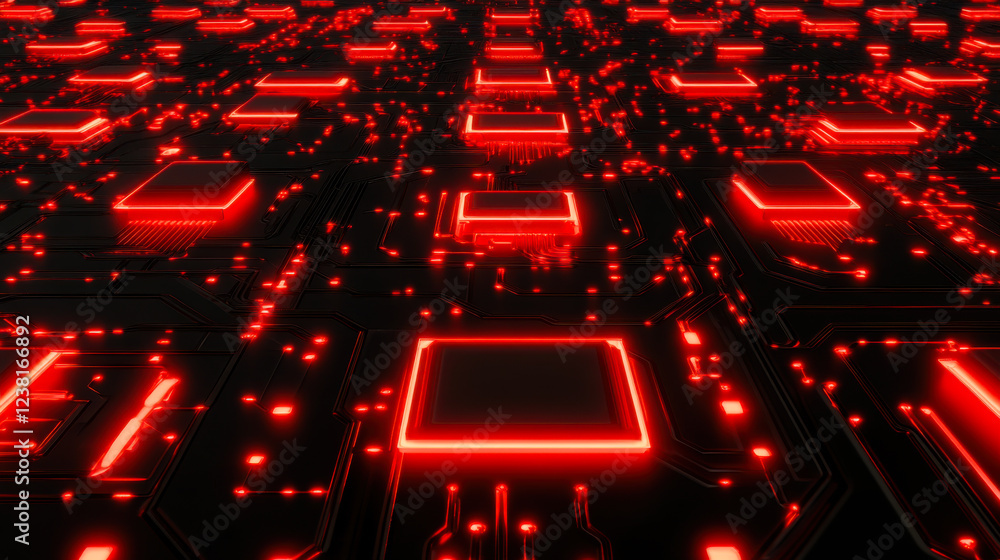 Poster visual representation of a futuristic circuit board glowing with red lights