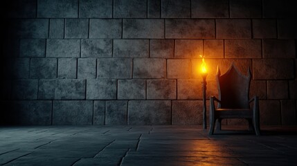 Horror scene concept. A dimly lit medieval chamber featuring a stone throne beside a flickering torch on the wall, creating an atmosphere of mystery and solitude.