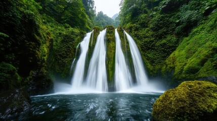 Fototapeta premium Rainforest scenes nature concept. Majestic waterfalls cascading through lush green forest scenery.