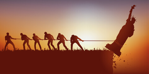 Concept du nouvel ordre mondial avec le symbole de la statue de la liberté, retenue par une corde avant de tomber dans le vide.