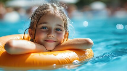 A girl with a yellow inflatable ring is swimming in the water.