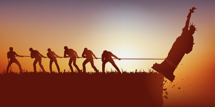 Concept du nouvel ordre mondial avec le symbole de la statue de la libert&eacute;, retenue par une corde avant de tomber dans le vide.