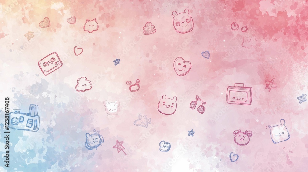 Poster whimsical colorful pattern with cute illustrations on soft background