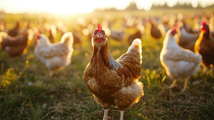 A close-up of a chicken in a field with many others during sunset.