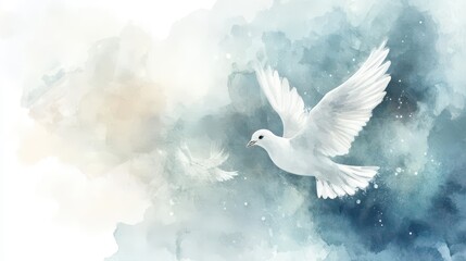 Elegant first communion template with white dove and watercolor background. Template with cross and flowers. Copy space. For wedding, baptism