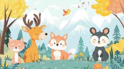 Naklejka premium Charming Woodland Animals in a Vibrant Forest Landscape