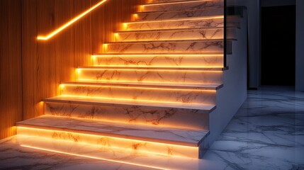 Illuminated marble staircase in a house. Interior of a room with a view of the illuminated staircase leading to the next floor.
