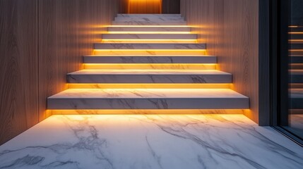 Illuminated marble staircase in a house. Interior of a room with a view of the illuminated staircase leading to the next floor.