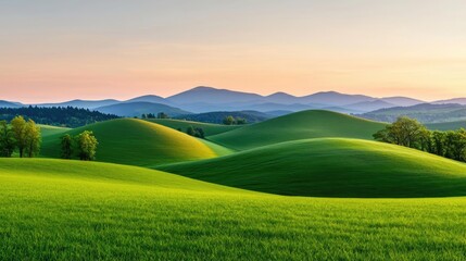 Fototapeta premium Mountain peak nature idea. Breathtaking green hills and serene mountains at sunset, showcasing nature's beauty.