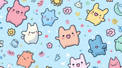 Obraz premium Cute Colorful Cartoon Characters on Blue Background with Flowers