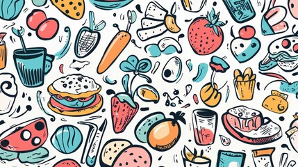 Colorful Hand-Drawn Food Doodles on Light Background for Fun Design