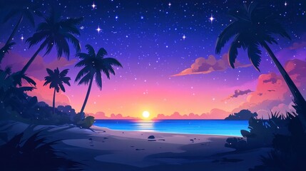 Serene Sunset Over Tropical Beach with Palm Trees and Stars