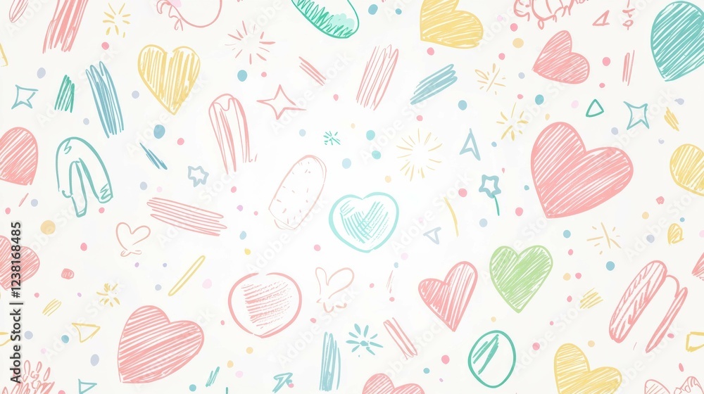 Poster colorful doodles and sketches in playful heart and shape patterns