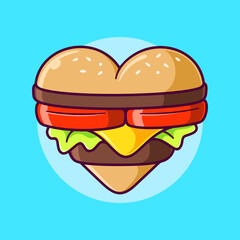 heart shaped burger vector illustration. cartoon burger love icon logo
