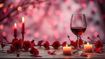 Romantic background with wine, candles and rose petals.