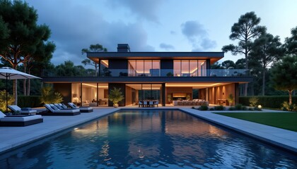 Fototapeta premium Modern luxury home at blue hour. Exterior features large swimming pool, landscaped garden. House contemporary design with large windows overlooking pool area. Furnished patio lounge area near pool.