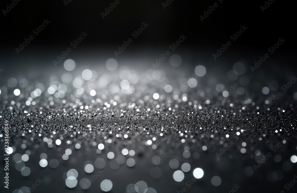 Poster silver glitter sparkles on dark background. shimmering details create visual contrast. abstract text