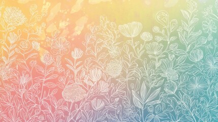 Colorful Floral Pattern with Hand-Drawn Line Art on Gradient Background