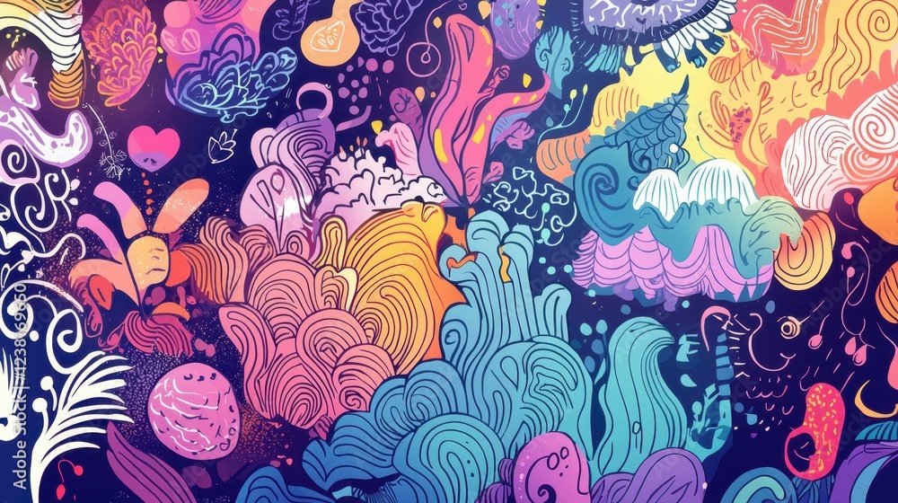 Poster abstract colorful patterns and shapes in whimsical design art