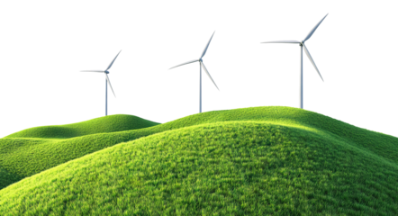 Renewable energy windmills on hilly landscape, isolated on transparent cutout background	