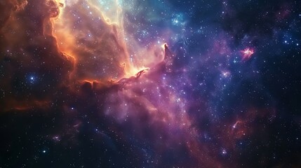 Obraz premium Majestic cosmic panorama of a swirling nebula surrounded by glimmering galaxies in the depths of outer space, featuring an ethereal abstract cosmos background