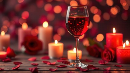 Romantic background with wine, candles and rose petals.