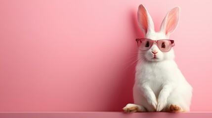 A fashionable rabbit with pink-tinted glasses sits elegantly against a pastel pink backdrop,...