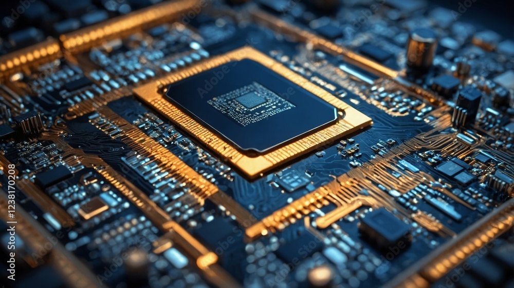 Poster close-up of a modern microprocessor on a circuit board showcasing intricate details and electrical c