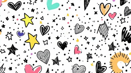Colorful Hand-Drawn Hearts and Stars on White Background for Fun