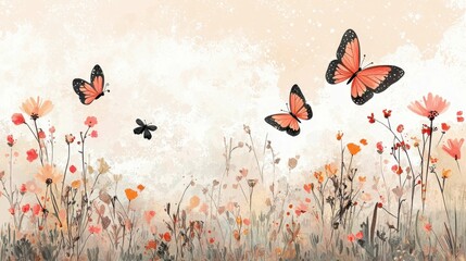 Elegant Butterflies Amidst Colorful Wildflowers on Soft Background