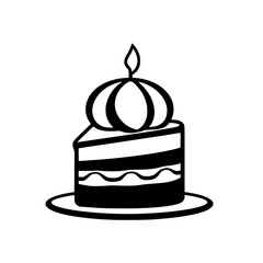 A delightful slice of birthday cake, adorned with a luscious cream topping and a single lit candle. Perfect for celebrations and sweet cravings!