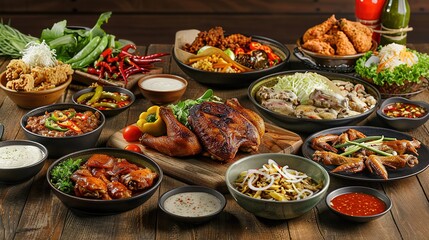 Assorted Chicken Recipe Display with Fresh Vegetables, Aromatic Spices, and Various Sauces on Rustic Wooden Surface, Ready for Cooking