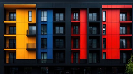 Naklejka premium Colorful apartment building facade, urban setting, modern architecture, real estate