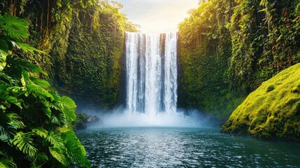 Fototapeta premium Rainforest scenes nature concept. A breathtaking waterfall cascading into a serene pool surrounded by lush greenery.