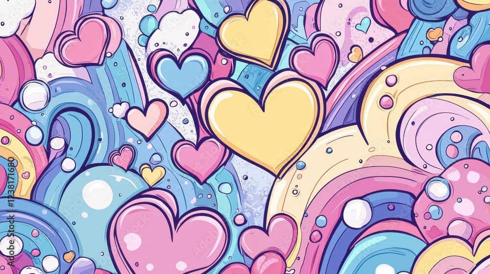 Poster whimsical heart patterns with colorful swirls and bubbles