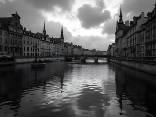 Fototapeta premium city canal at sunset with bridge in background