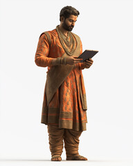 Fototapeta premium Indian man holding tablet. Technology remote business startup. Digital productivity. A detailed 3D render of an Indian man wearing traditional attire.